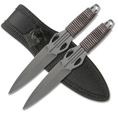 2pc Black Stainless Steel Throwing Knives Thick Cord Wraps   6 