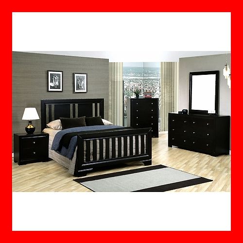 Contemporary Modern Black Queen King Bed 5 Pc Bedroom Set Furniture
