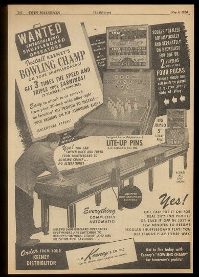 1950 Keeney Bowling Champ coin op arcade bowler machine trade print ad 