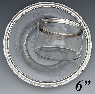   Sterling Silver & Intaglio Etched Glass Caviar Serving Dish, Tray