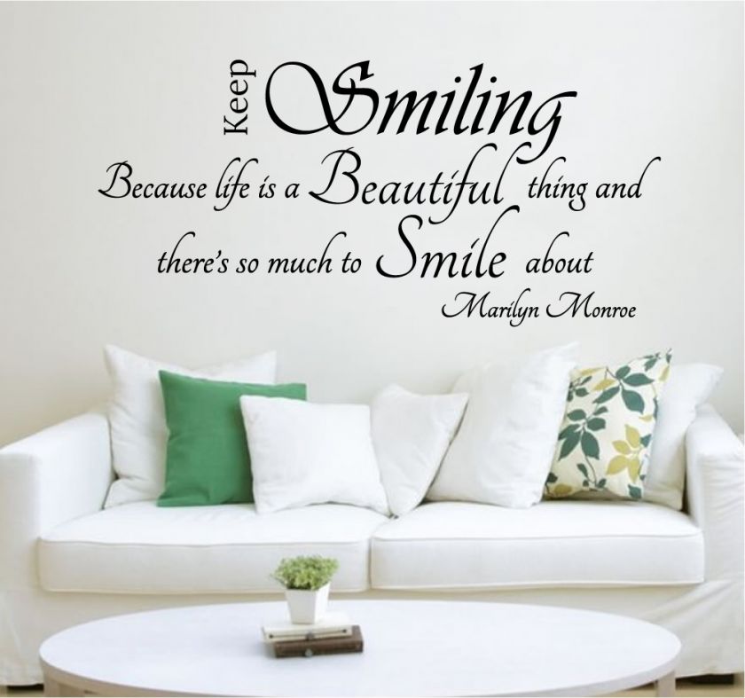 Keep Smiling ~ Marilyn Monroe Removable Wall Art Quote Art Decal 
