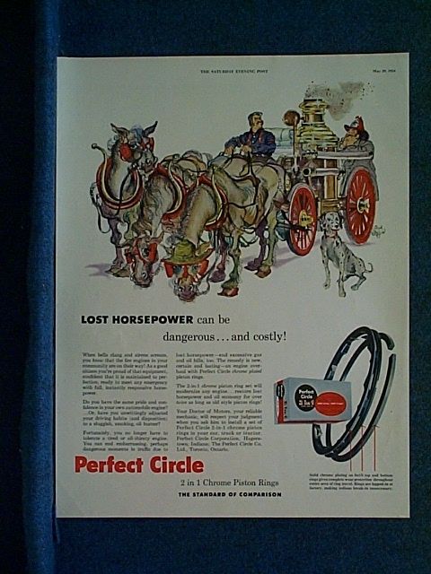 1954 Horse Drawn Fire Engine Cartoon Perfect Circle Ad  